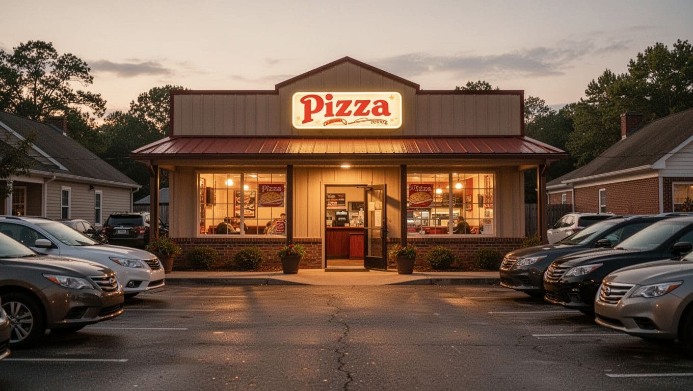 Cozy pizza restaurant exterior at dusk with warm window lights, glowing neon sign, parked cars, and green top banner reading PIZZA SPOT.