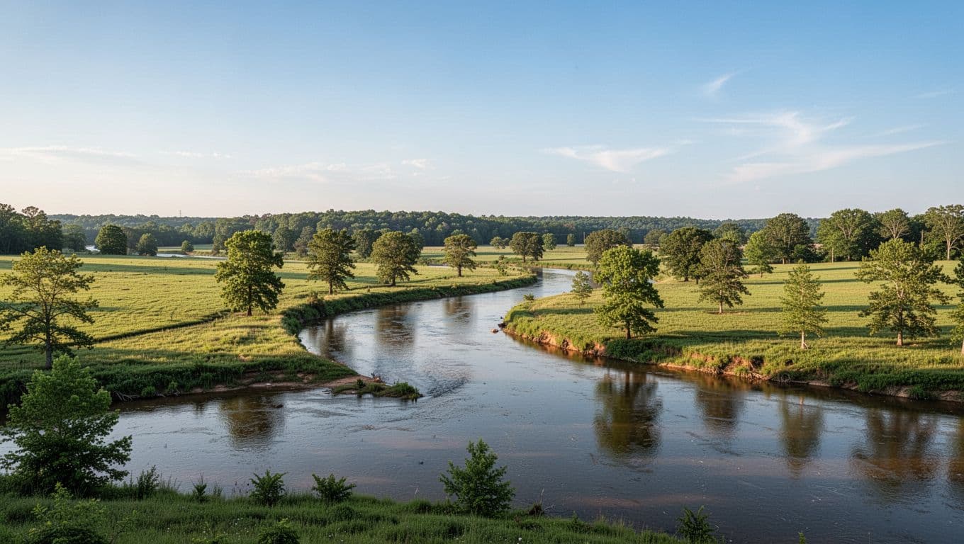 River bend curves through green fields and trees under clear blue sky, with green top banner reading 'River Views'.