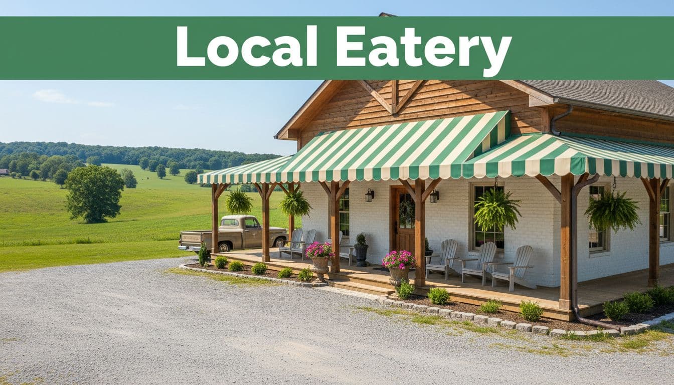 Exterior of welcoming rural cafe in quiet Alabama countryside under bright daylight, topped with green 'Local Eatery' sign.