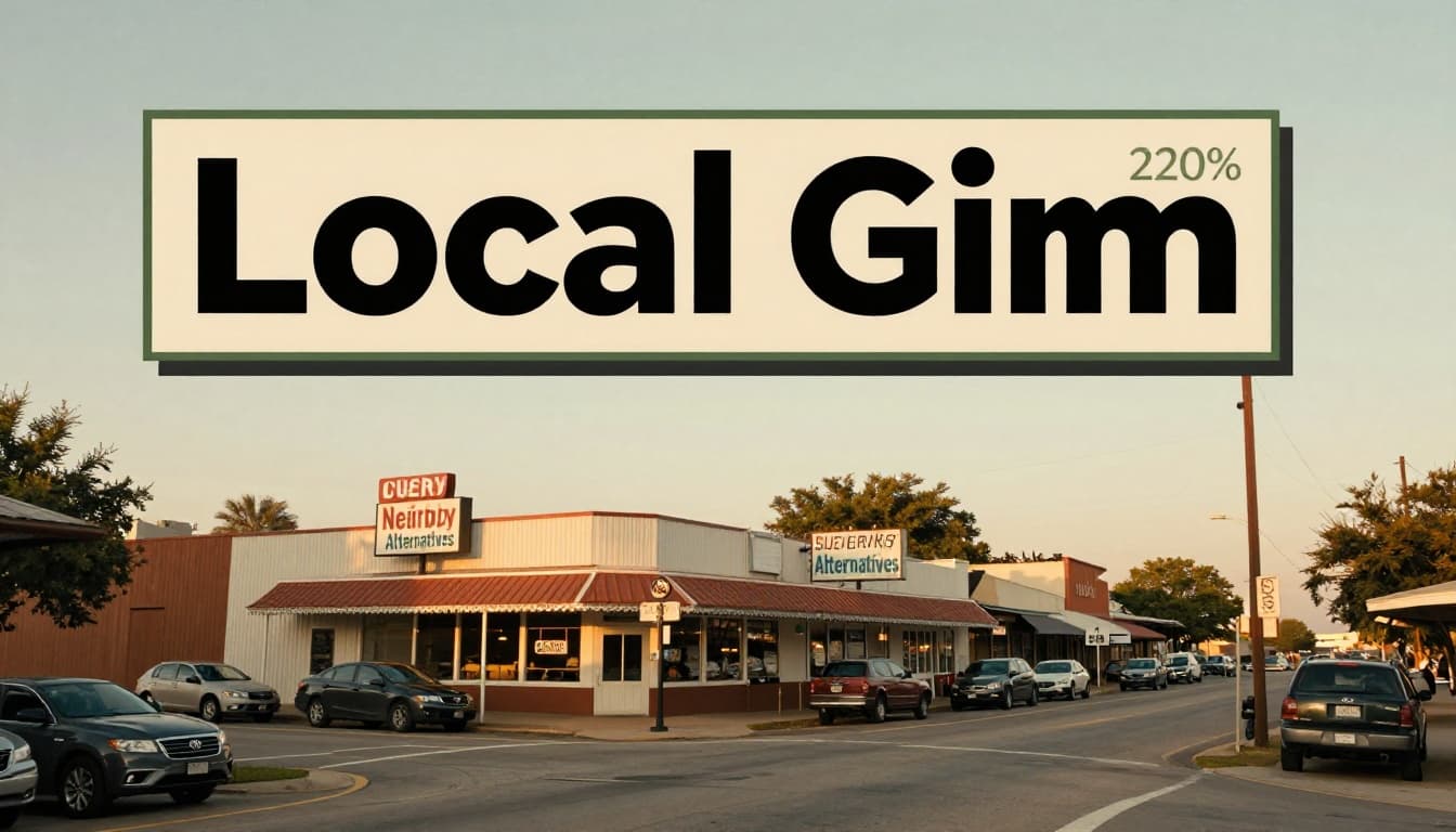 Quiet small-town Alabama intersection with diner signs and parked cars in golden hour light, topped by green Local Gems header.