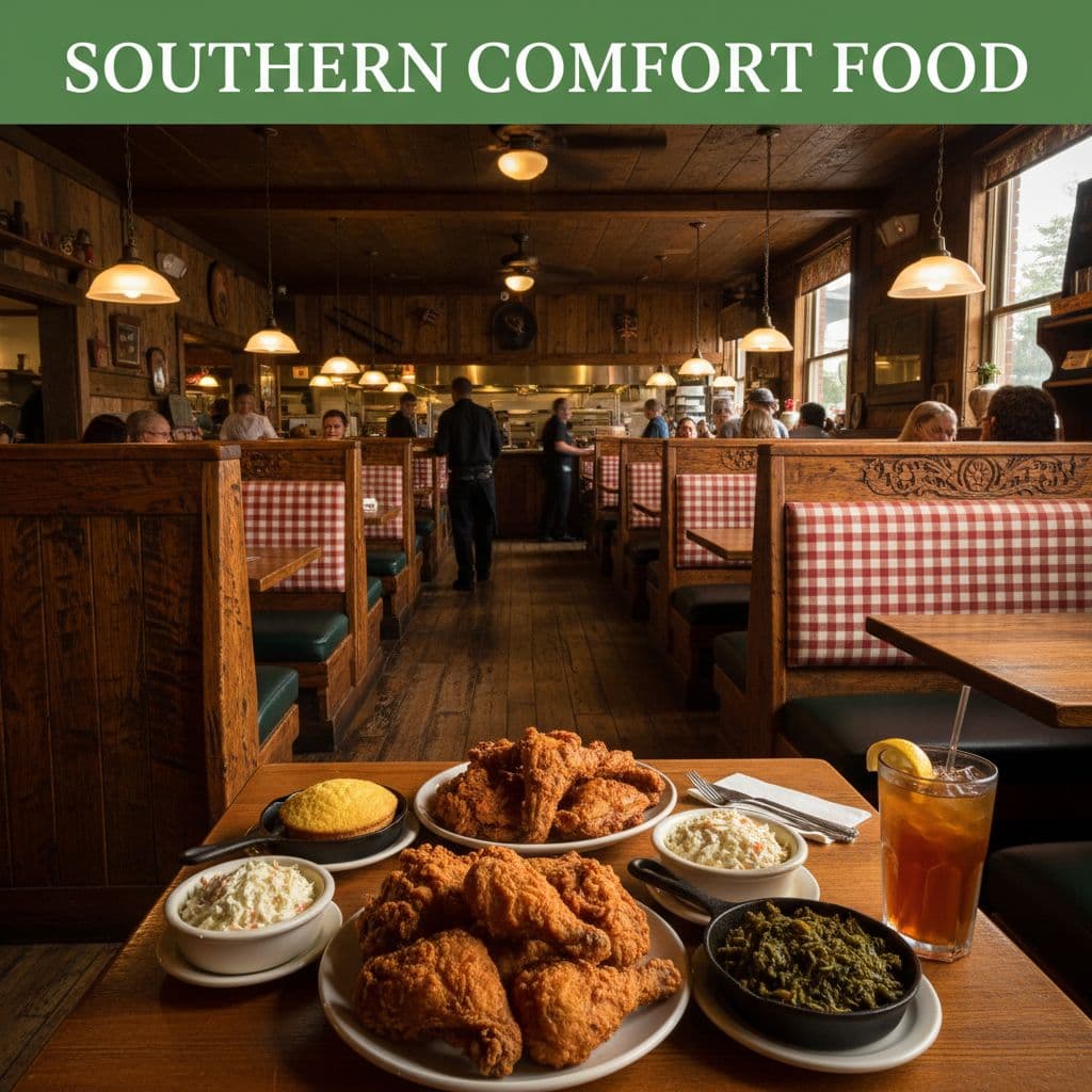 A table features crispy fried chicken and sides inside a cozy, wood-paneled Alabama dining establishment.