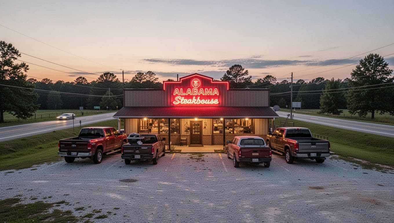 Dusk exterior of small-town Alabama steakhouse with top 'Steak Night' banner, neon 'Open' sign, warm window lights, two pickup trucks in gravel lot, Highway 278 sign.