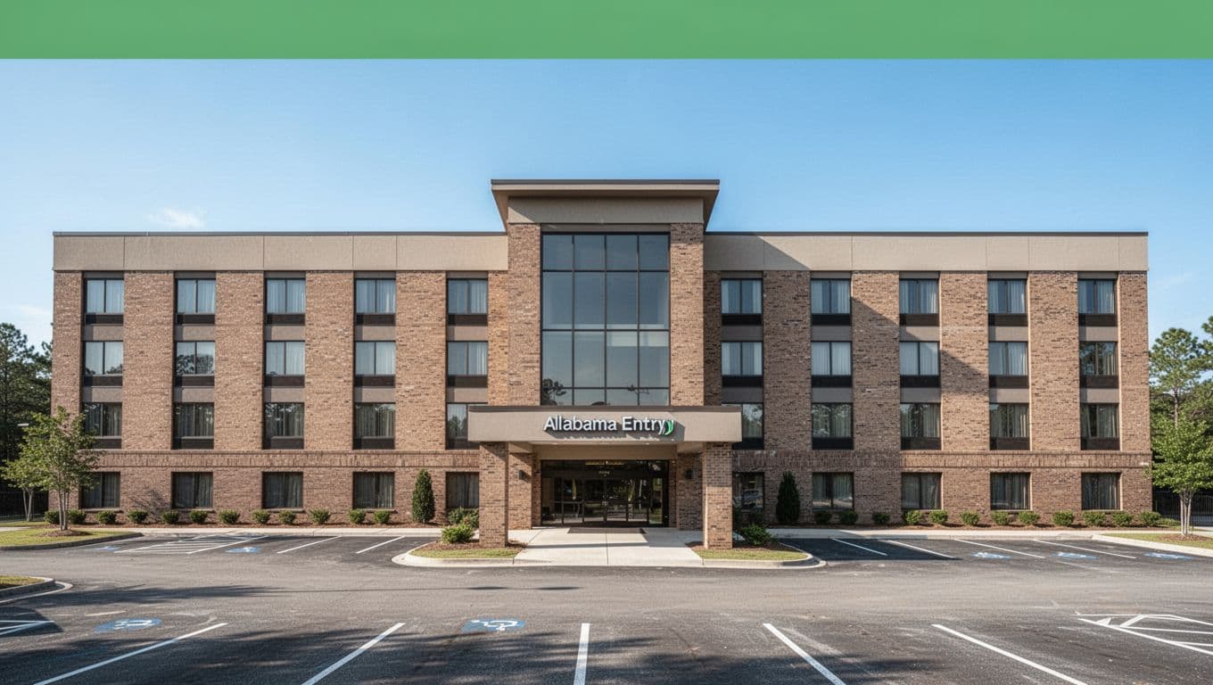 Front view of modern Hampton Inn-style hotel facade in Alabama with green Top Hotels banner under clear sky.