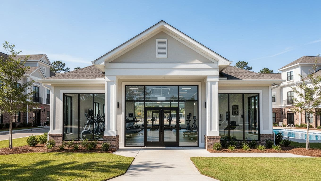 Modern Hampton Inn front entrance in Alexander City shows fitness center and pool through glass doors, green top band with 'Quiet Retreat' text, blue sky and lawns.