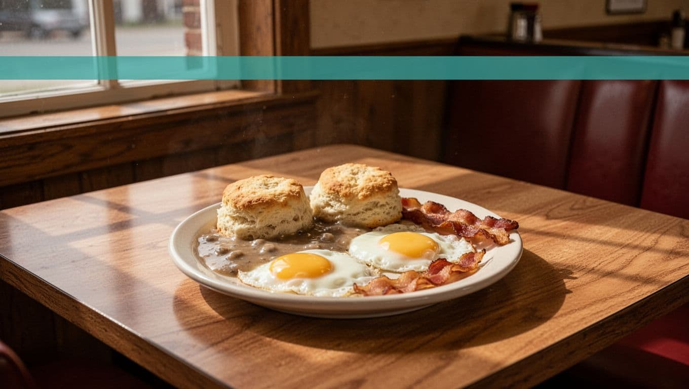 Cozy diner table holds centered plate of biscuits, gravy, eggs, bacon under green TOP PICK band, warm light from window.