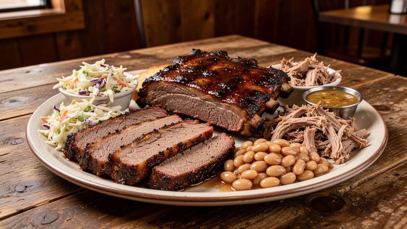 Smoked BBQ platter with brisket, ribs, pulled pork, coleslaw, and beans on wooden table in Alabama restaurant, green 'BBQ in Altoona' headline band at top.