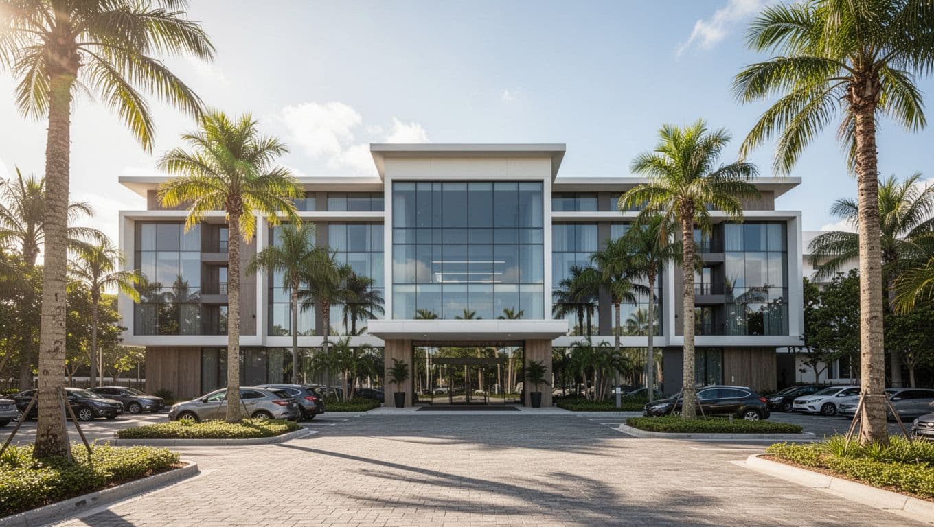 Modern hotel facade with palm trees, empty parking lot, sunny sky, and green top banner reading 'Andalusia Suites'.
