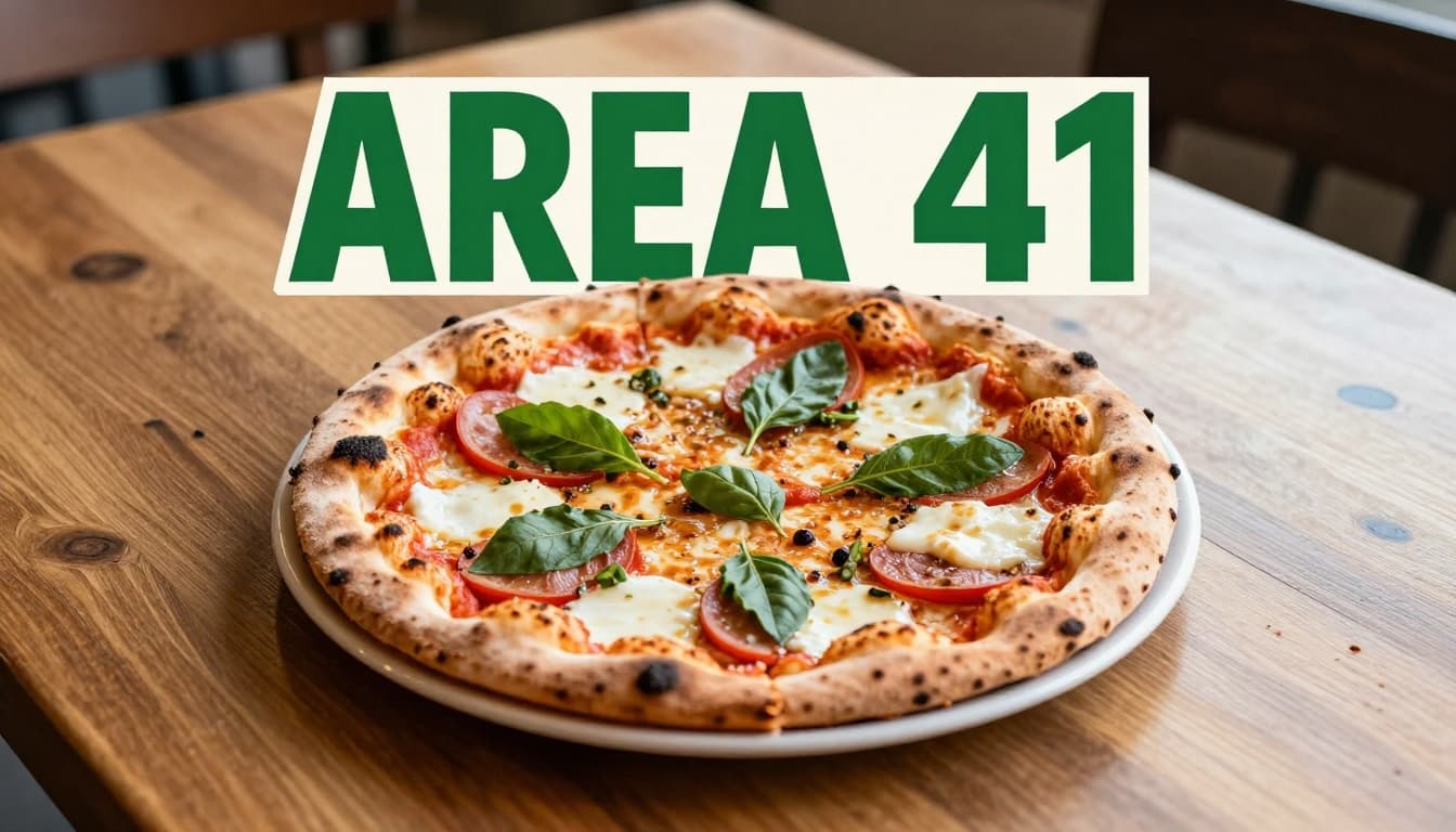 Wood-fired pizza with fresh toppings on rustic restaurant table, green Area 41 headline band at top.