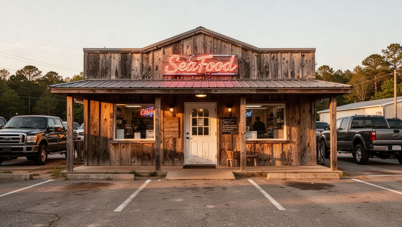 Green banner with 'The Ark' tops wooden exterior, neon sign, truck parking lot in golden hour light.