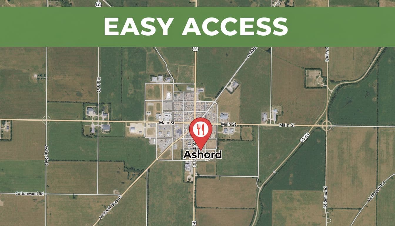 Satellite map of Ashford Alabama streets centered on Broadway restaurant pin with nearby rural fields and highway under green Easy Access band.