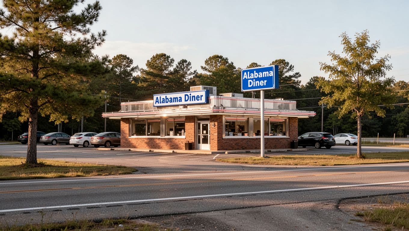 Rural Alabama diner exterior on highway with green Ashland Diner sign band, blue-white signboard, parking lot, cars, and trees on sunny day.