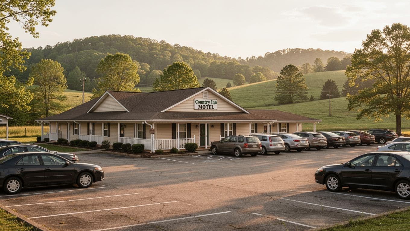 Ashland Hotels banner above small country inn exterior near Ashland sign, parked cars in lot, green hills, golden hour light.