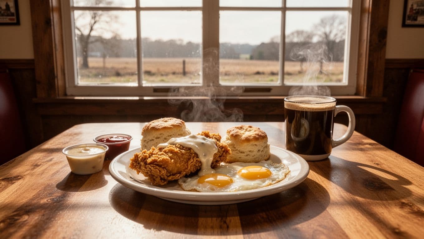 Cozy Southern diner table holds fried chicken, biscuits with gravy, eggs, coffee mug; rural window view, 'Local Eats' green banner.