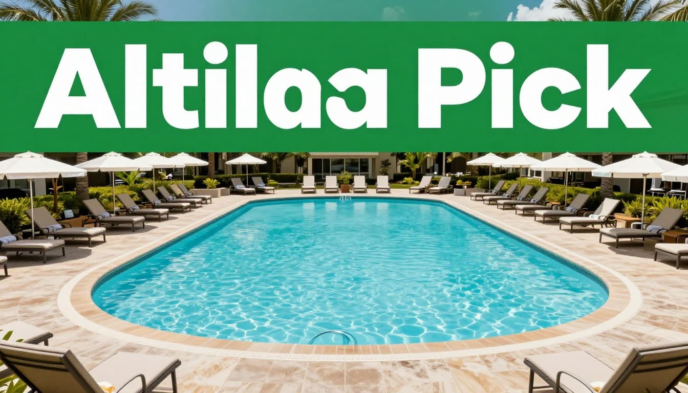 Green banner with 'Attalla Pick' above sunny hotel pool with lounge chairs, umbrellas, and palm trees.