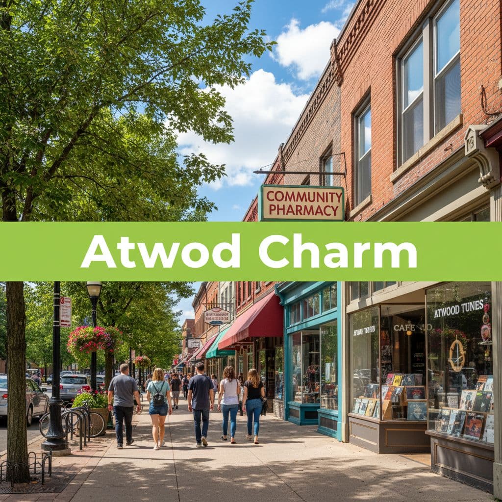 Pedestrians walk past local shops along a vibrant street in the Atwood neighborhood of Madison.