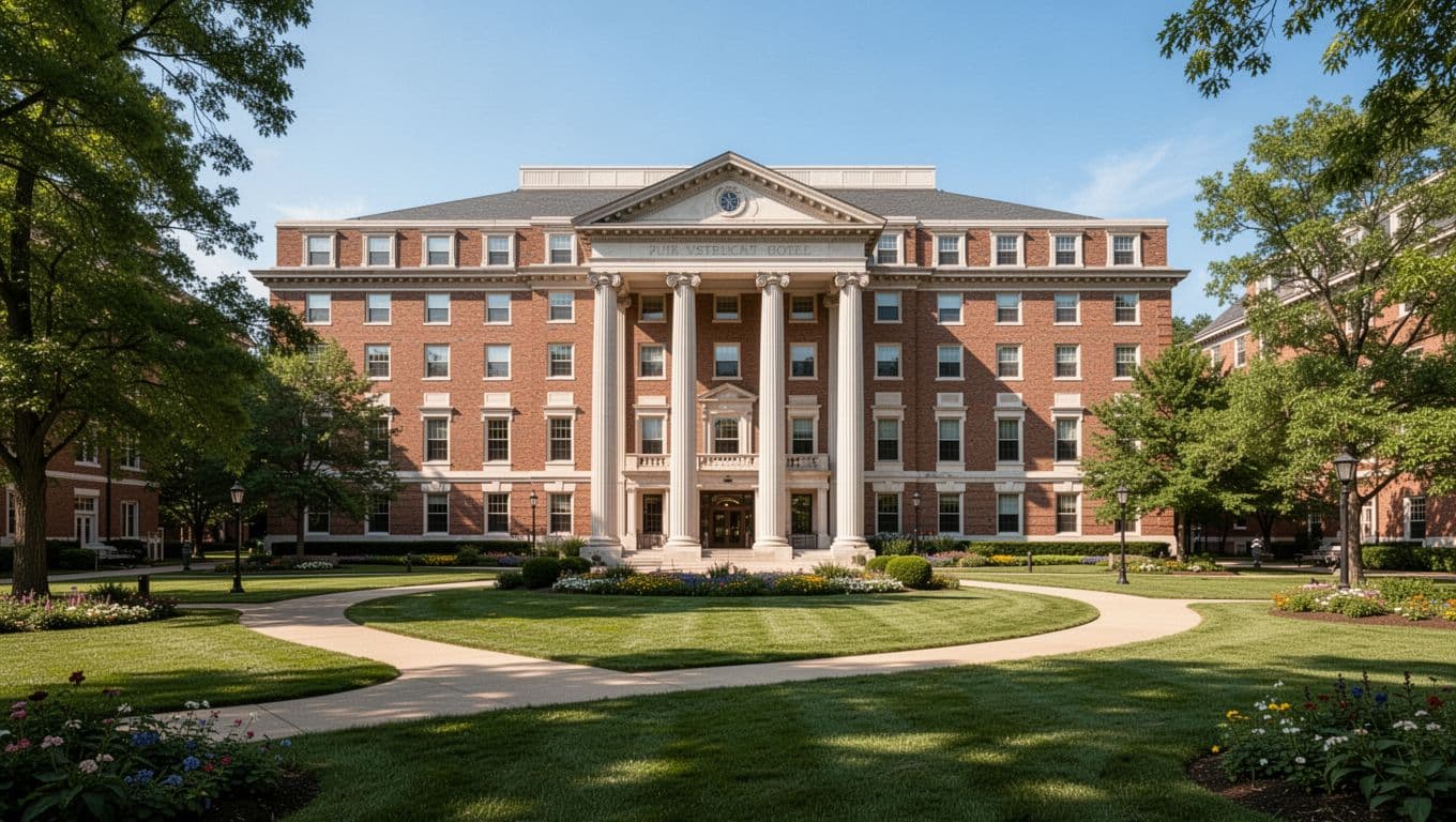 Brick hotel building with columned entrance on green campus lawns and pathways under blue sky, green top band with Auburn Hotels headline.