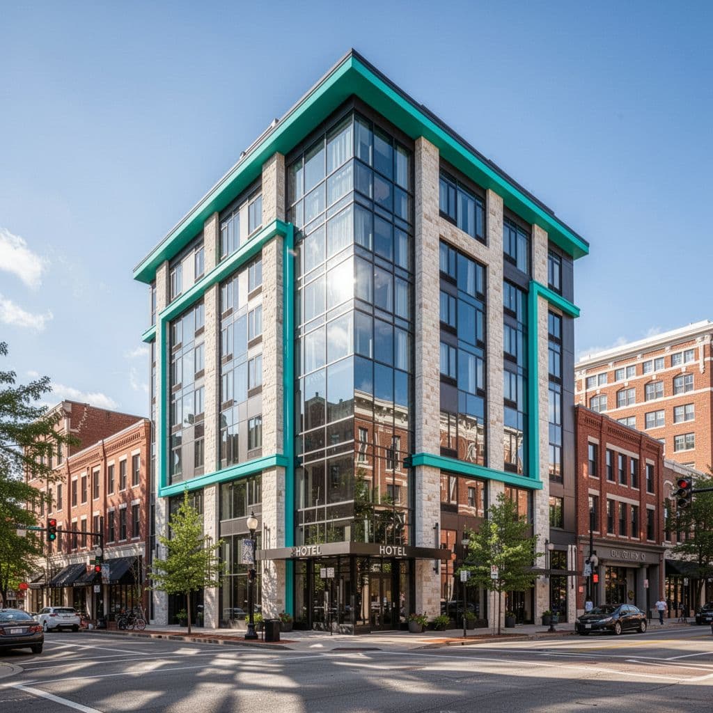 Modern boutique hotel exterior in sunny downtown Auburn with bold 'Auburn Stays' top band.