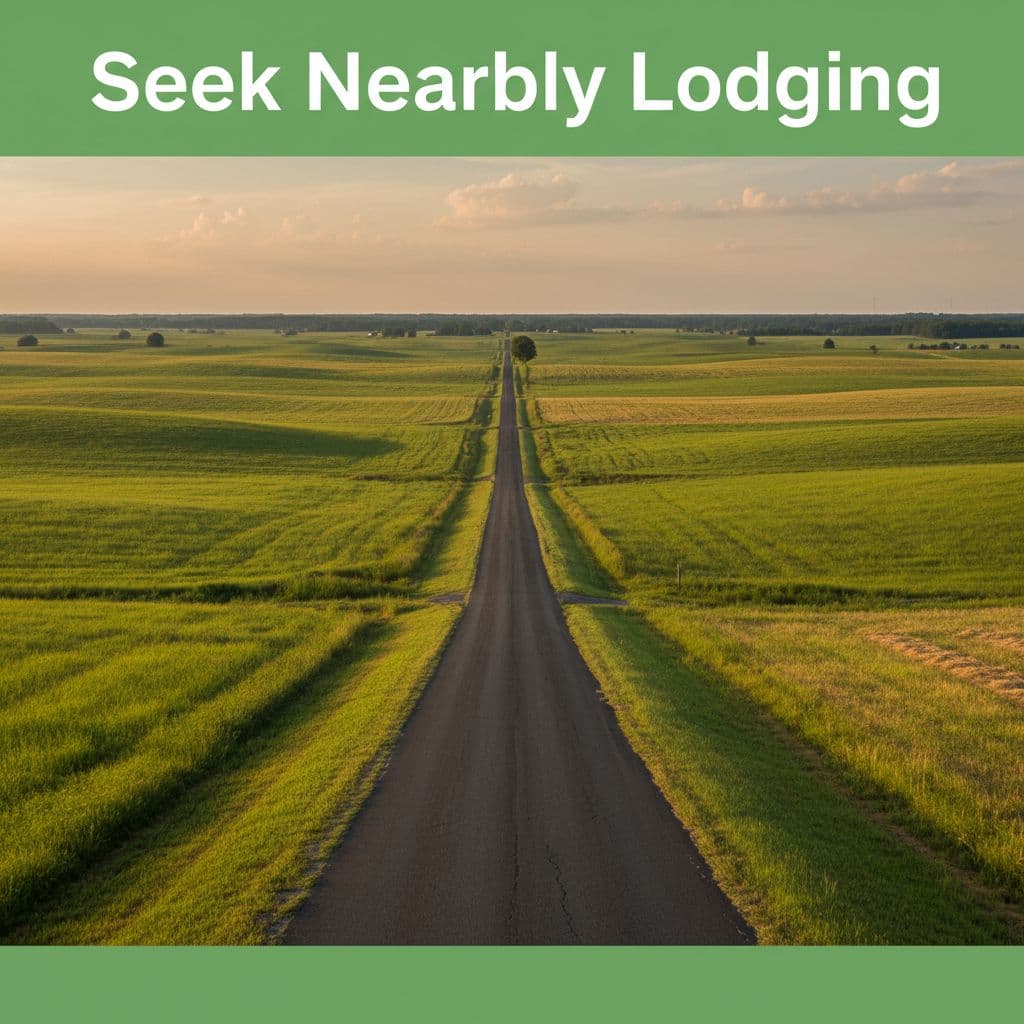A quiet road winds through rolling green fields under a bright sky with an informational header.