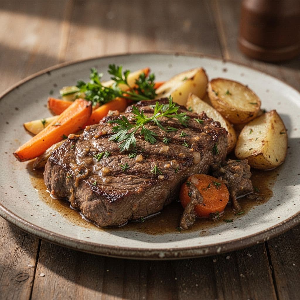 A close-up view of a rustic plate of food featuring rich textures under warm natural light.