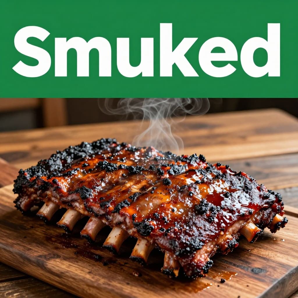 A rustic plate featuring smoked ribs and sliced brisket resting on a wooden table.