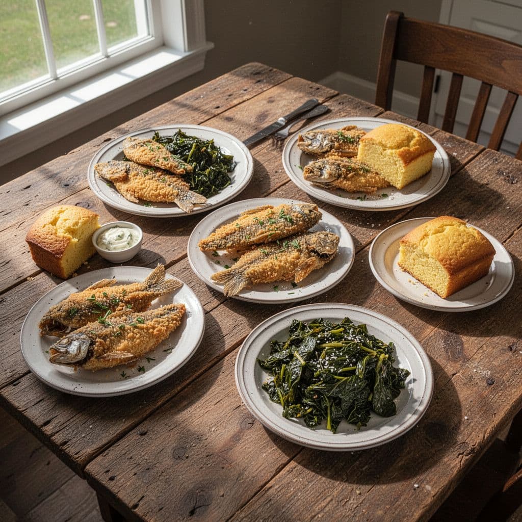A rustic wooden table holds plates of fried catfish, collard greens, and golden cornbread in natural light.