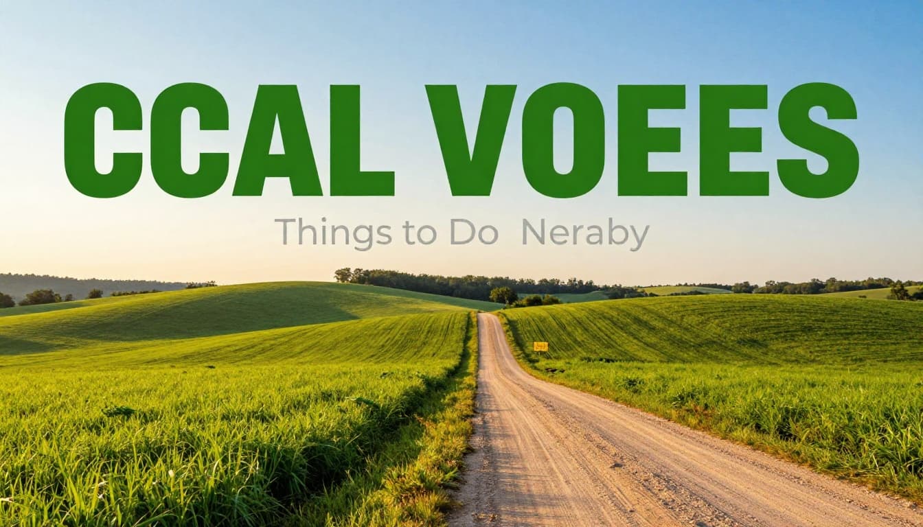 Dirt road curves through rolling green hills and farmland under blue sky at golden hour, with green LOCAL VIEWS banner at top.