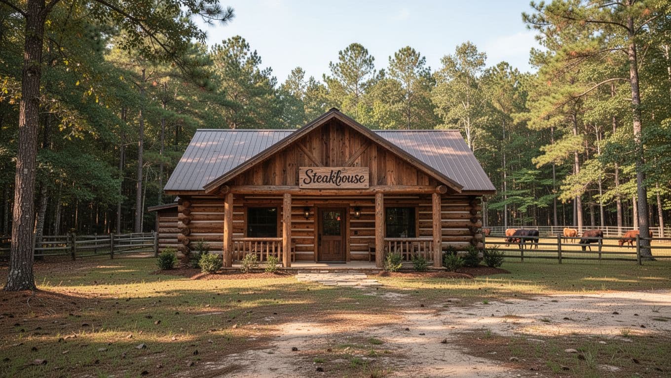 Rustic log cabin steakhouse exterior with Bama Bucks green header band, front entrance, woods, and distant animal fences.