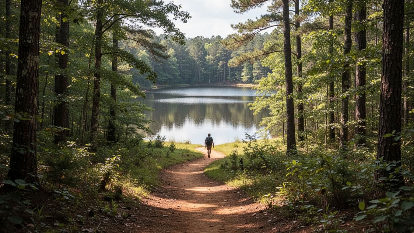 Dirt trail through dense green forest leads to calm reflective lake, sunlight through trees, distant hiker, green top band with 'Forest Trails' headline.