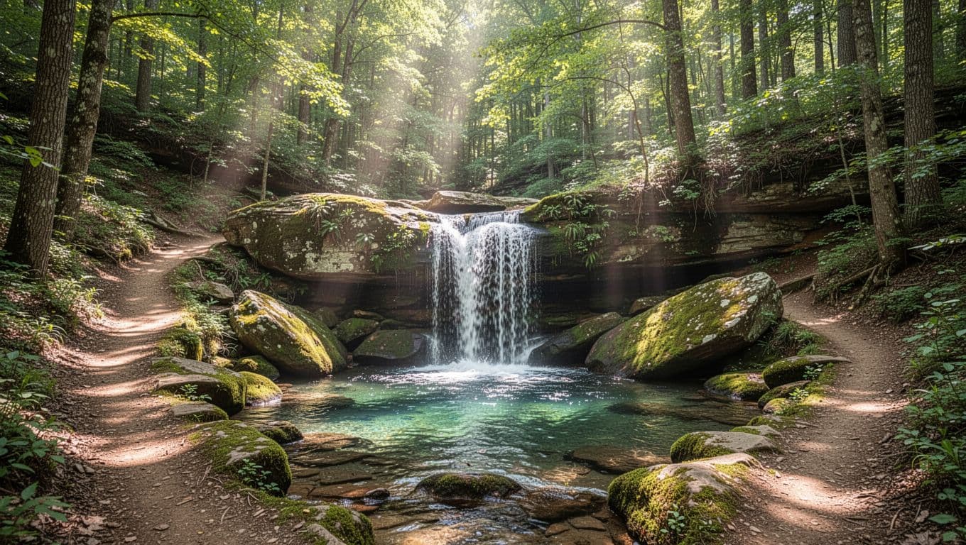 Forest trail winds to centered 20-foot waterfall over mossy rocks, sunlight through canopy, clear pool below, 'Explore Outdoors' banner at top.