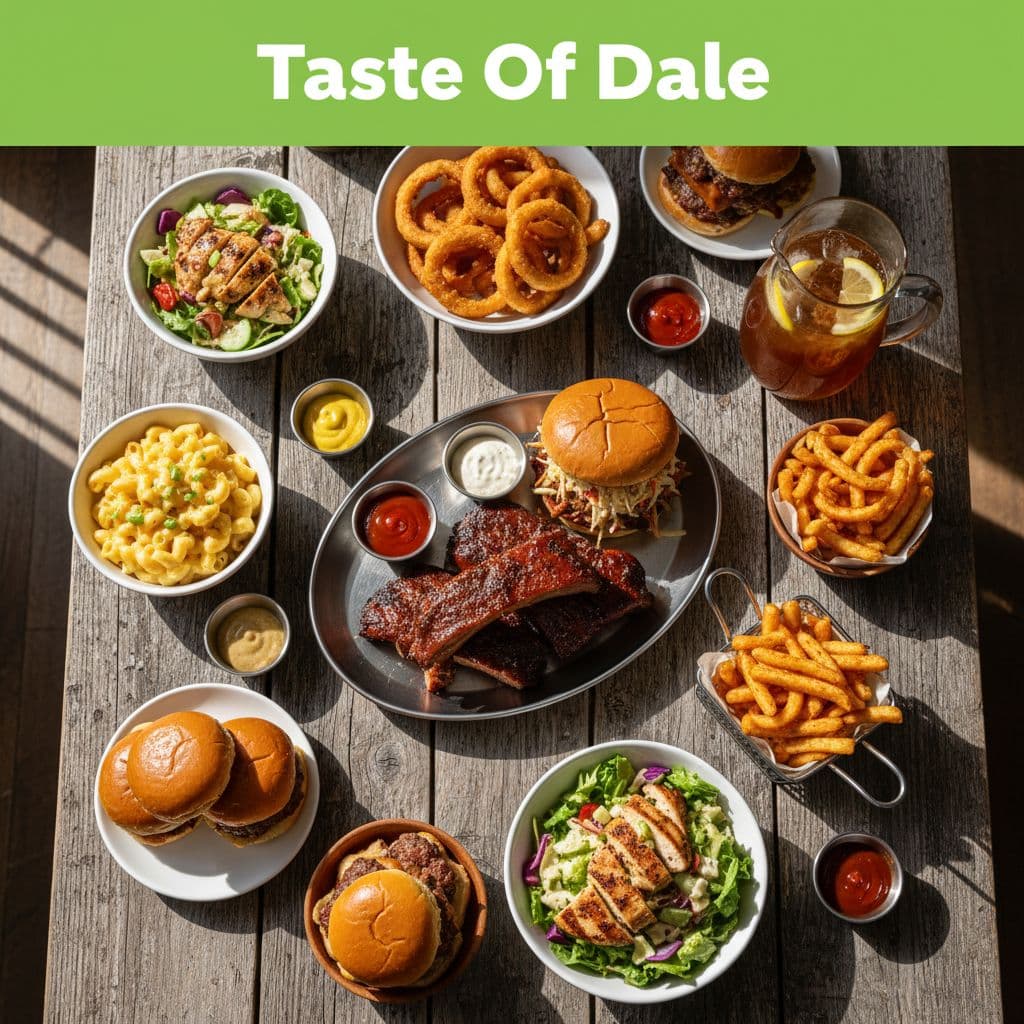 A rustic table featuring a variety of grilled meats and casual American dishes under soft lighting.