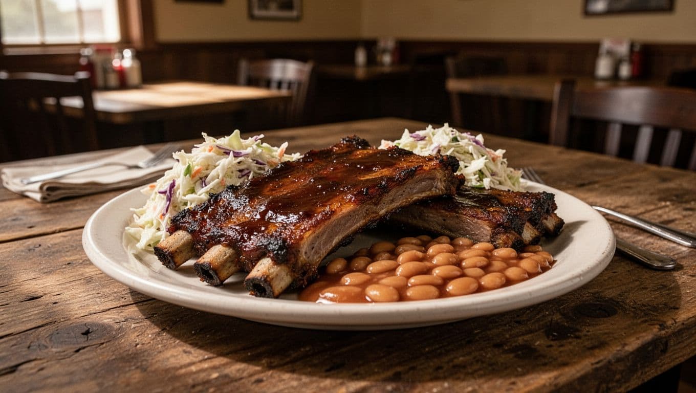 A plate of slow-cooked barbecue ribs served with sides on a rustic wooden restaurant table.