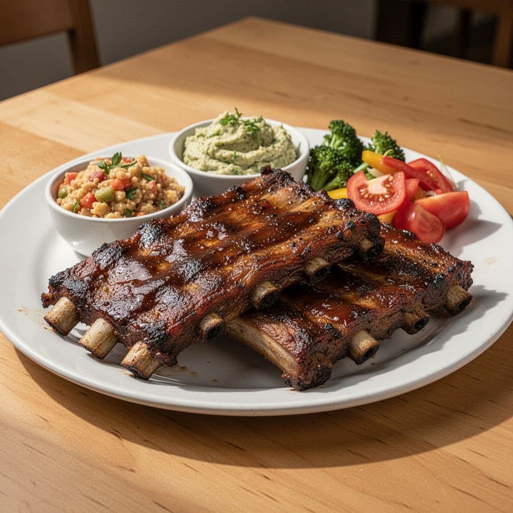 A close-up of slow-cooked barbecue ribs served with sides on a clean wooden table.
