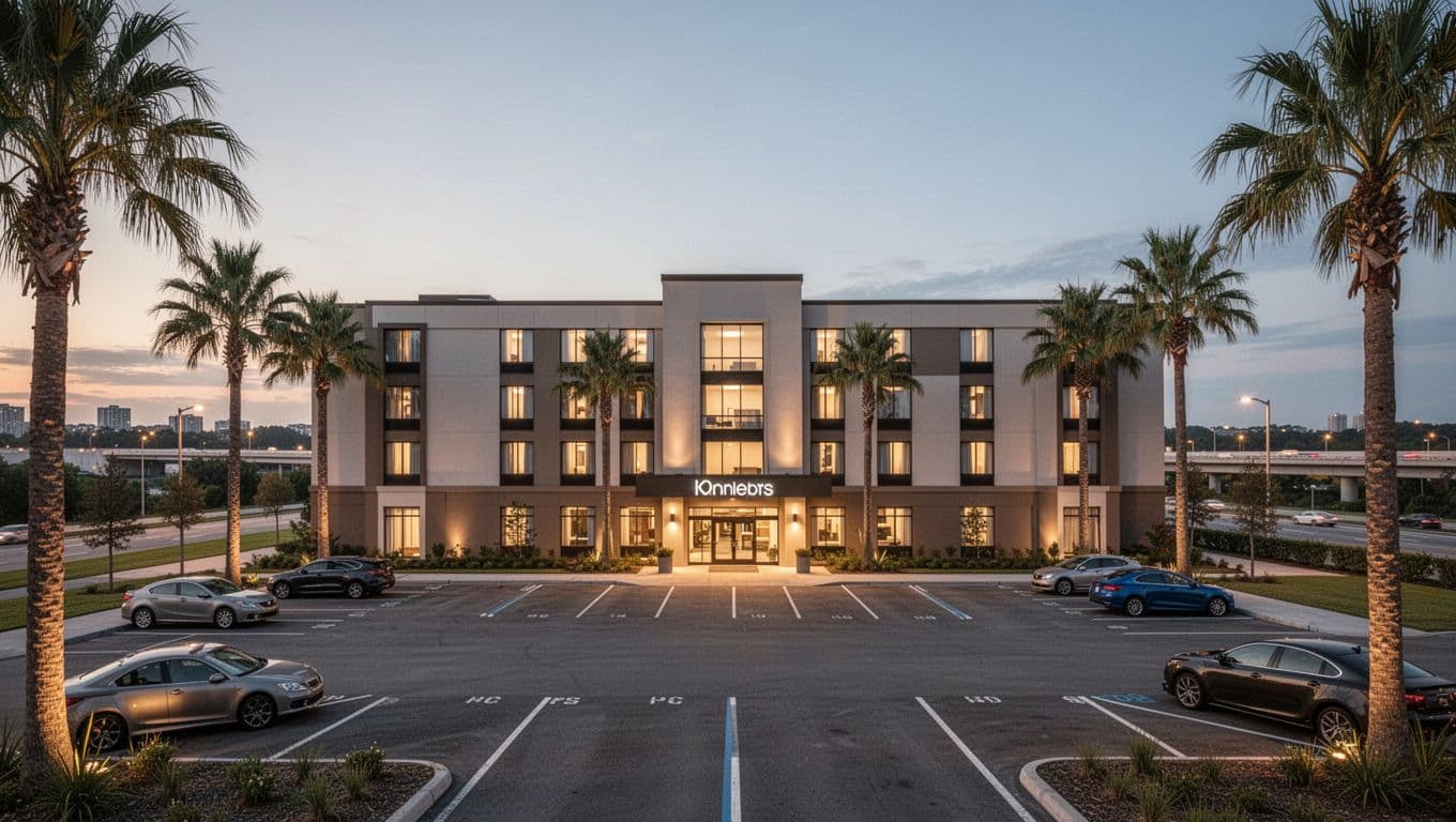 Modern hotel exterior at dusk with parking lot, cars, palm trees, highway, and warm lights under green banner.