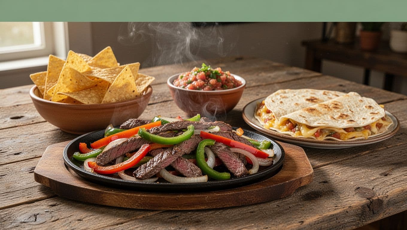 Sizzling fajitas with steak, peppers, onions, plus chips salsa and quesadilla on wooden table under green Menu Musts band.