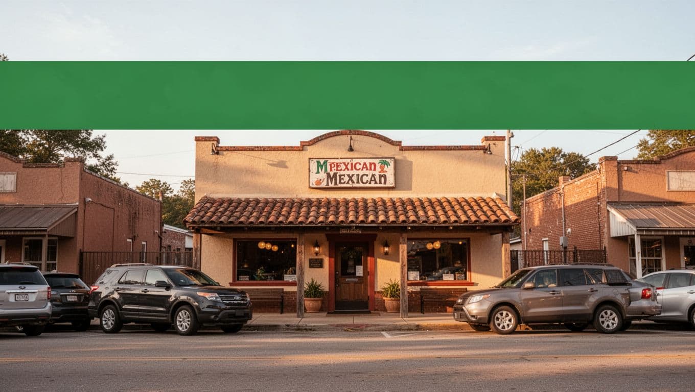 Building facade of Barrigas Grill on main street with parked cars and green top banner.