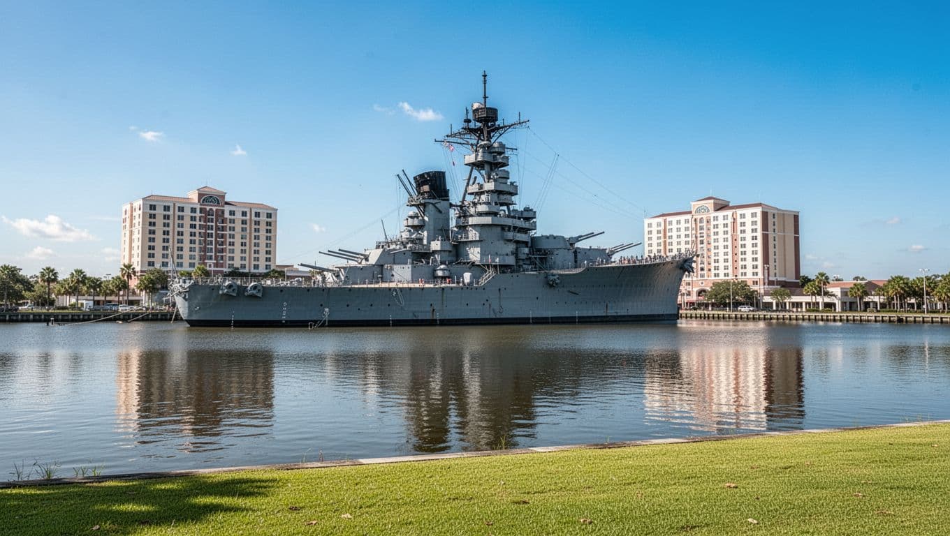 USS Alabama battleship docked in Mobile Bay with shore hotel, grass foreground, and top green band headline 'Battleship Area'.