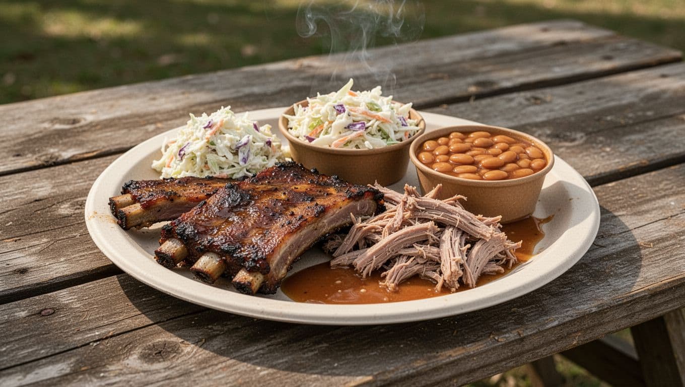 Plate of smoked ribs, pulled pork, coleslaw, and baked beans on picnic table under green BBQ Alt banner.