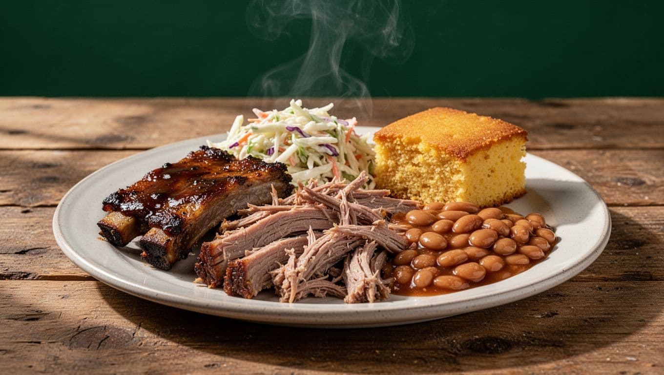 Smoked pulled pork BBQ plate with ribs, coleslaw, baked beans, cornbread on wooden table, steam rising.