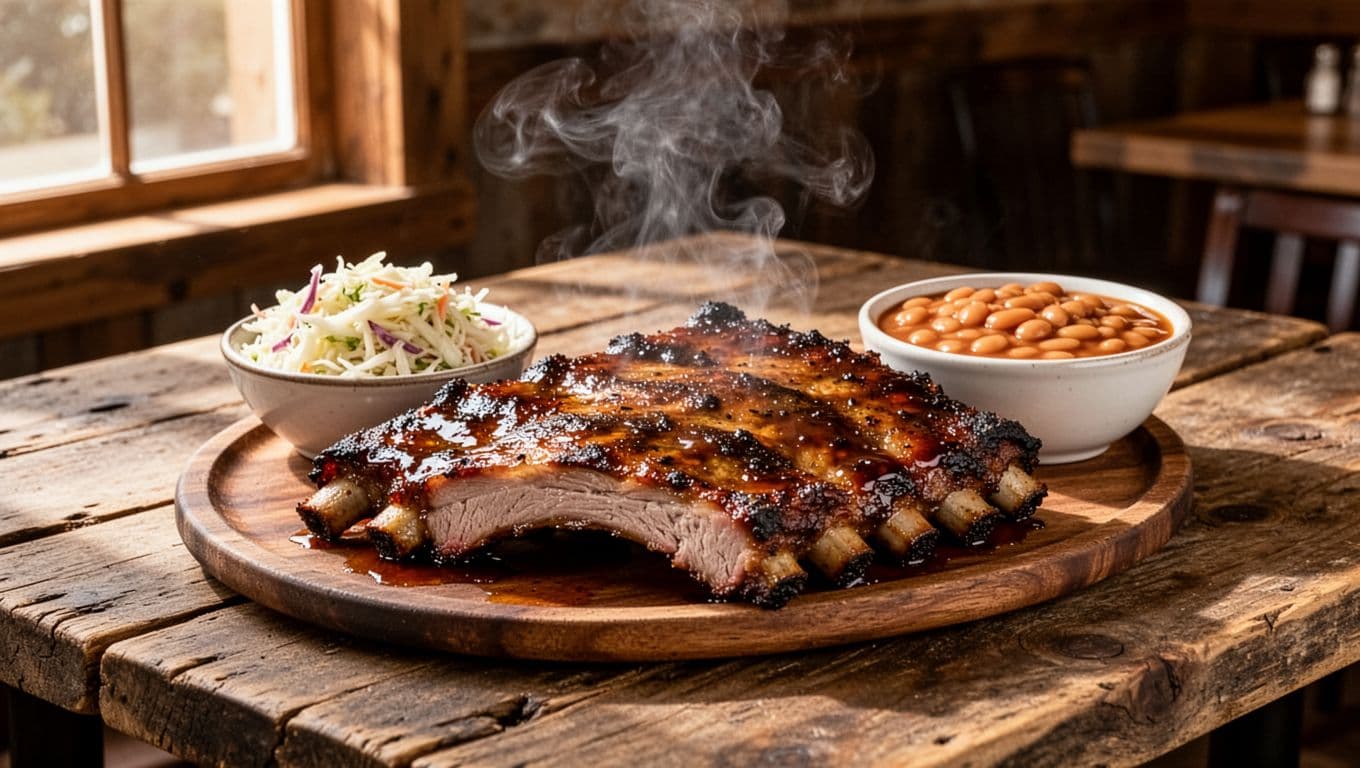 Hickory smoked ribs platter with coleslaw and baked beans in rustic restaurant below green BBQ Classics band.