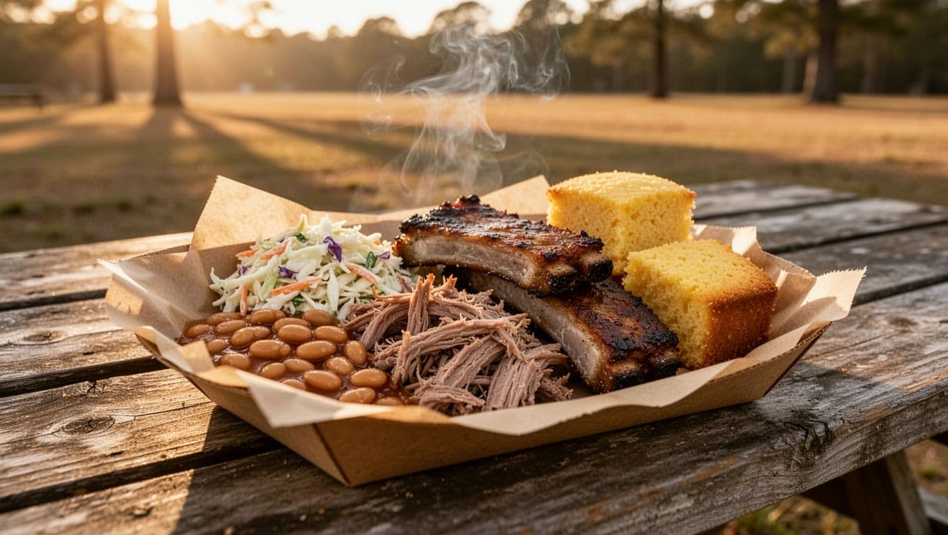 Smoked pulled pork, ribs, beans, coleslaw, cornbread on paper-lined tray at rustic picnic table in golden hour countryside, with smoke wisps and top green 'BBQ Essentials' banner.