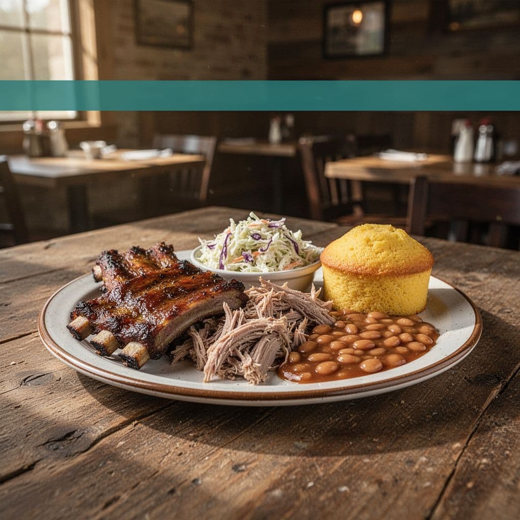 Green band with 'BBQ Favorites' text above plate of ribs, pulled pork, coleslaw, baked beans, cornbread on wooden table with blurred rustic background.