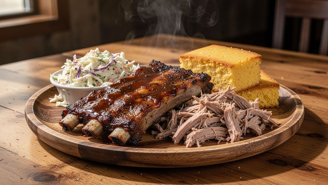 Plate of smoked ribs, pulled pork, coleslaw, cornbread on wooden table with steam rising and 'BBQ Feast' green banner at top.