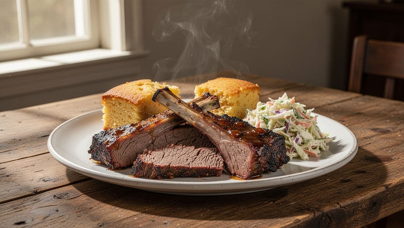 Close-up smoked brisket platter with ribs, cornbread, coleslaw on wooden table, steam rising, 'BBQ Highlights' headline above.