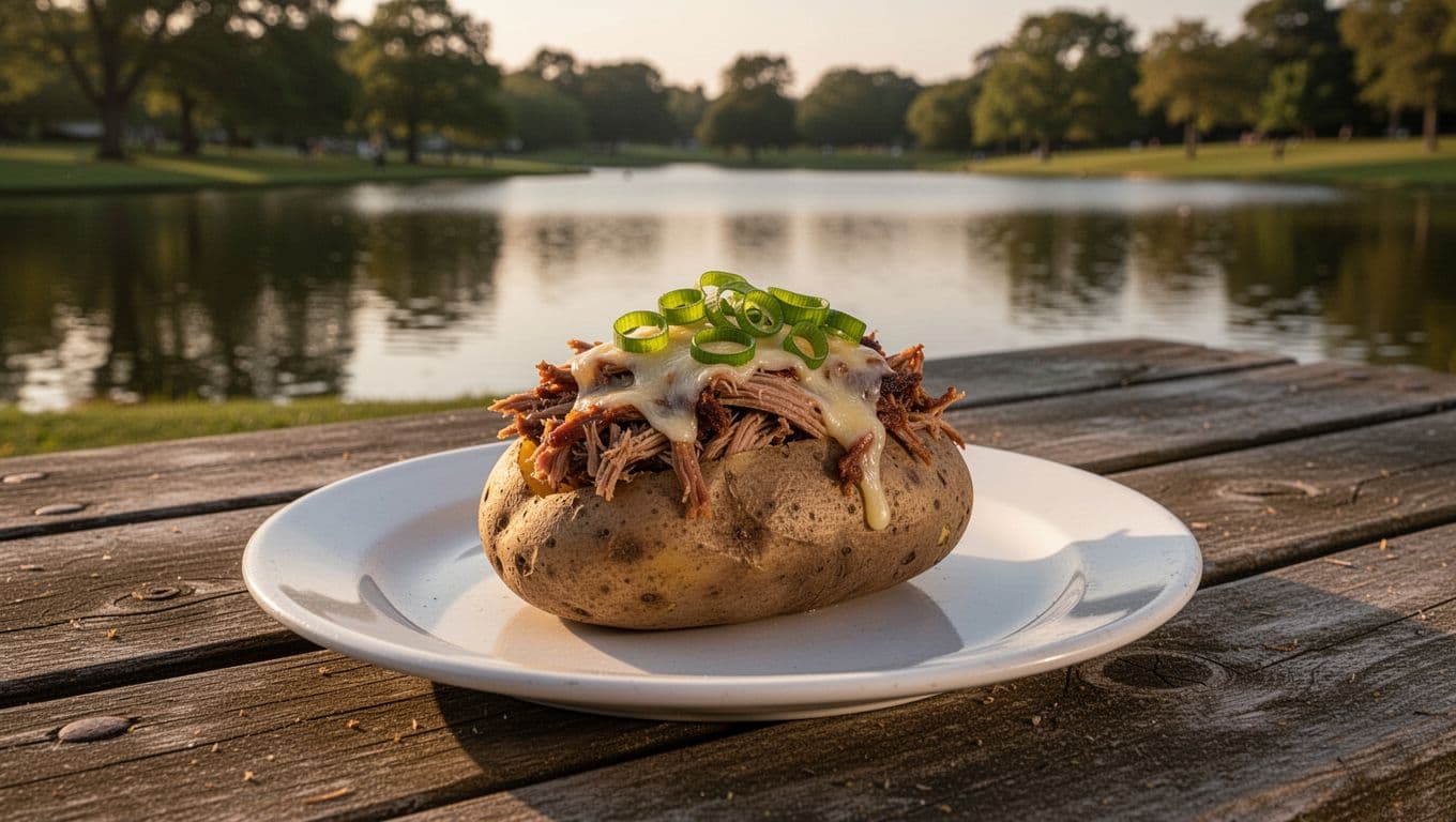 Loaded baked potato with pulled pork, cheese, and green onions on plate atop rustic picnic table by Alabama lake in golden hour.