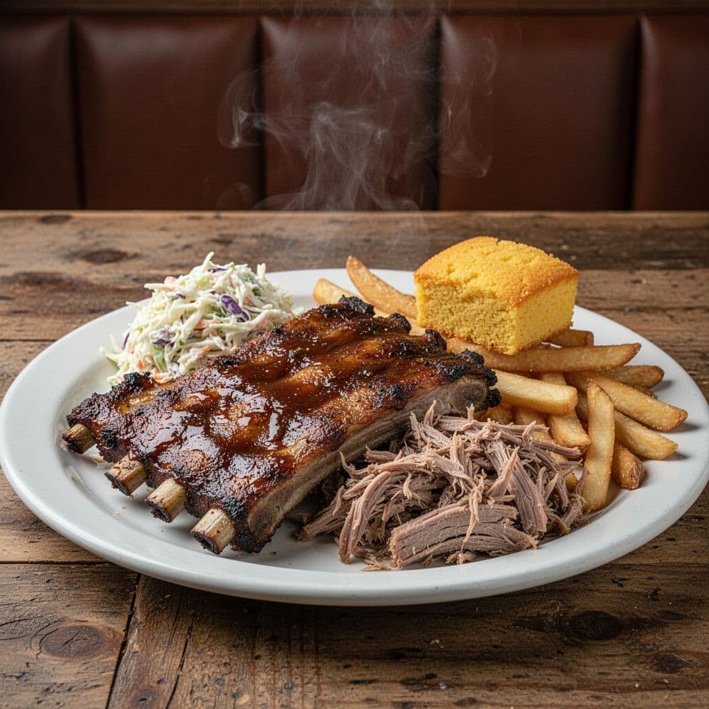 White plate of smoked ribs, pulled pork, coleslaw, fries, cornbread on wooden table with green 'MEAT PLATE' band above.
