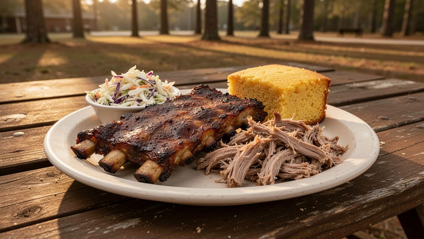 Green BBQ NEARBY band above plate of smoked ribs, pulled pork, coleslaw, cornbread on outdoor picnic table at golden hour.