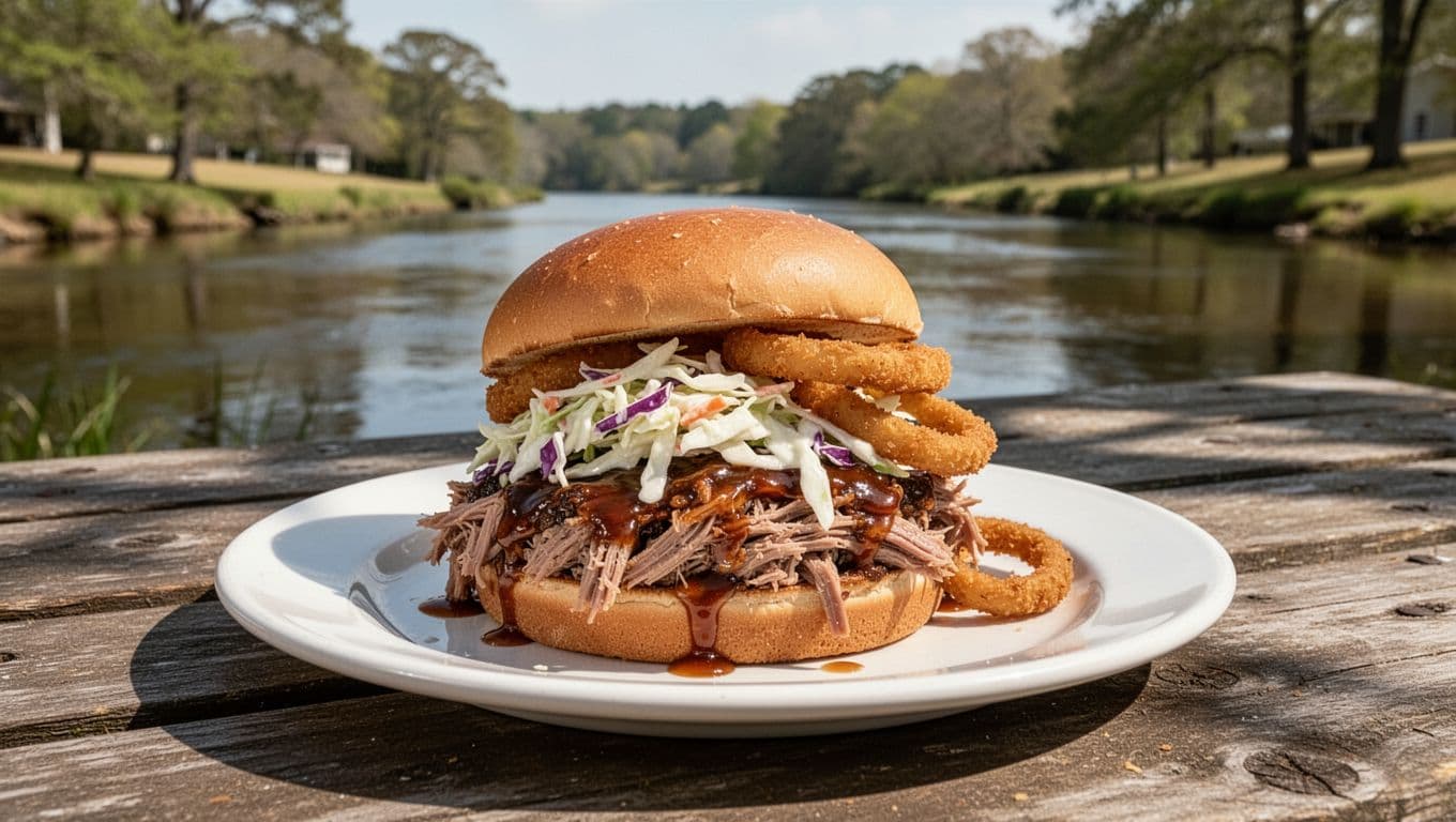  'BBQ Option' green banner tops pulled pork sandwich with slaw and onion rings on picnic table near Alabama river.