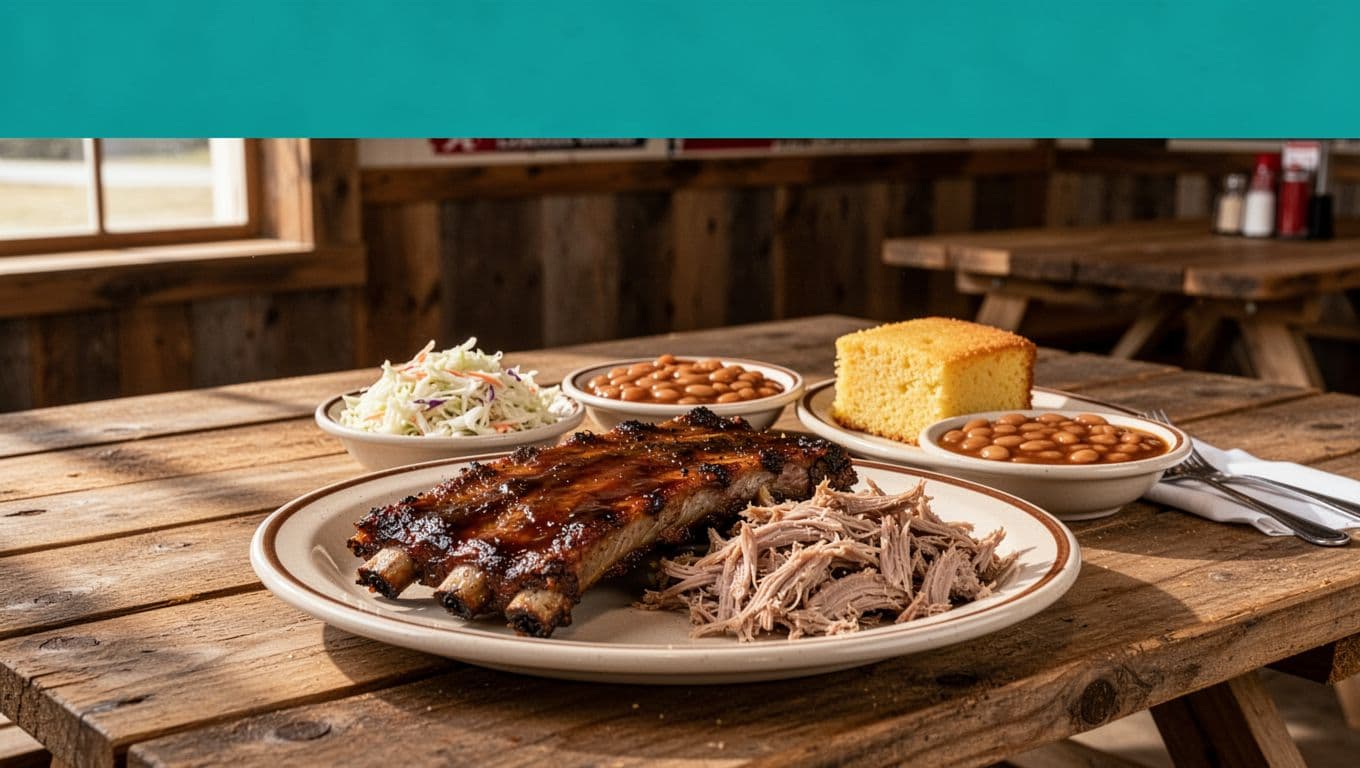 Plate of smoked ribs, pulled pork, coleslaw, beans, and cornbread on wooden picnic table in rustic interior under green BBQ Pick header.