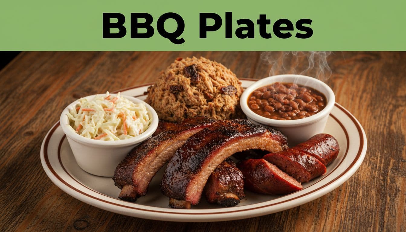Green 'BBQ Plates' header band above close-up plate of pulled pork, ribs, sausage, coleslaw, and baked beans on wooden table.