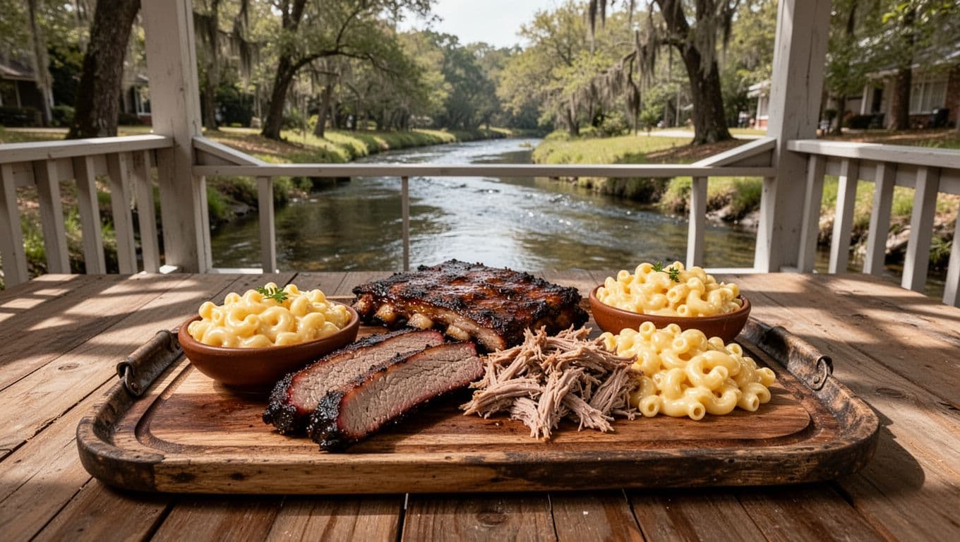 Smoked brisket, ribs, pulled pork, and mac n cheese on tray below green BBQ Ranch headline band, porch overlooking creek.